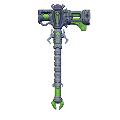 A 3D rendering of a futuristic-looking weapon with a combination of green and gray colors. The weapon appears to be a large, metallic device with multiple attachments and a pointed end.