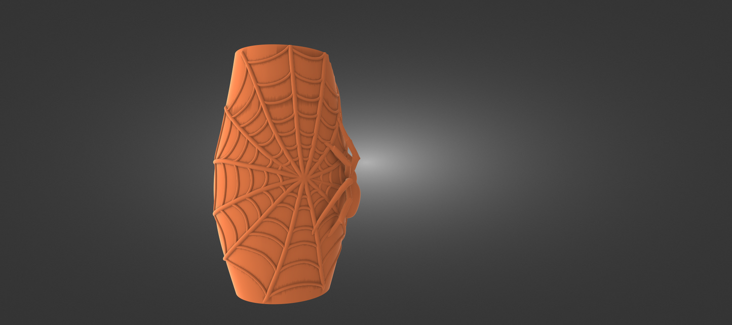 An orange, spider-like object with a web-like pattern on it, standing alone against a dark background.