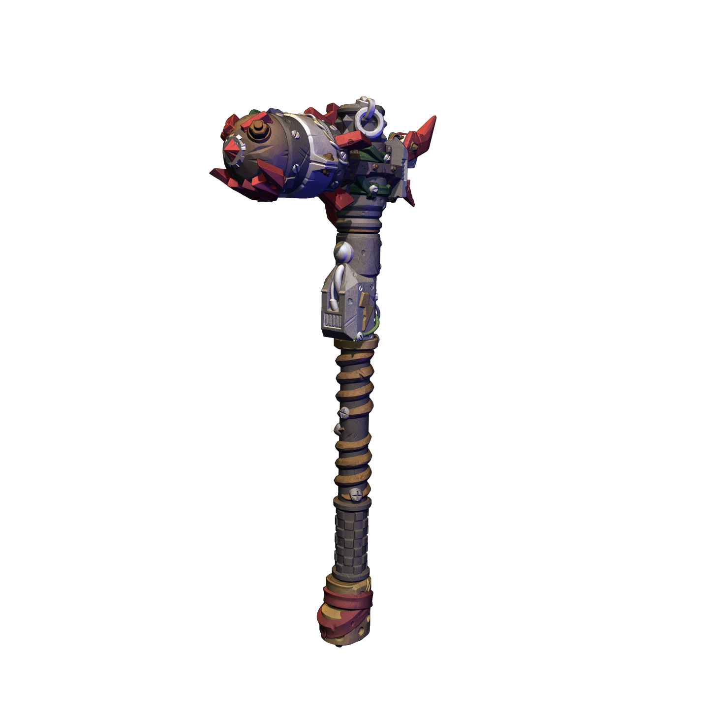 A 3D rendering of a futuristic-looking weapon with a unique design and multiple components.