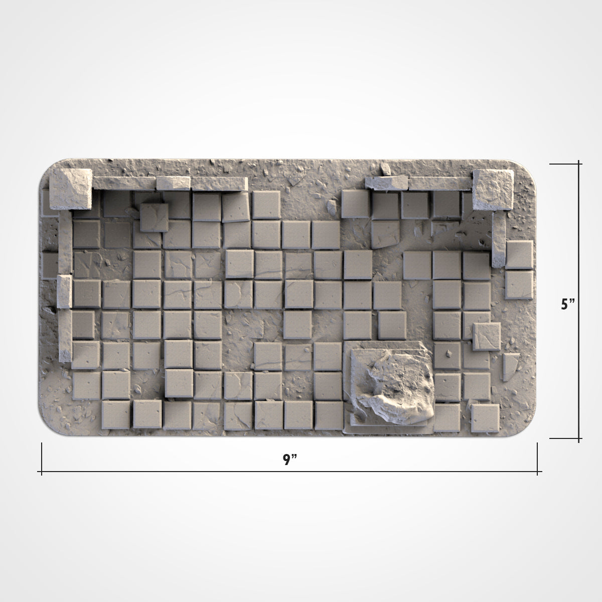 The image is a 3D rendering of a damaged or broken structure composed of numerous small square blocks.