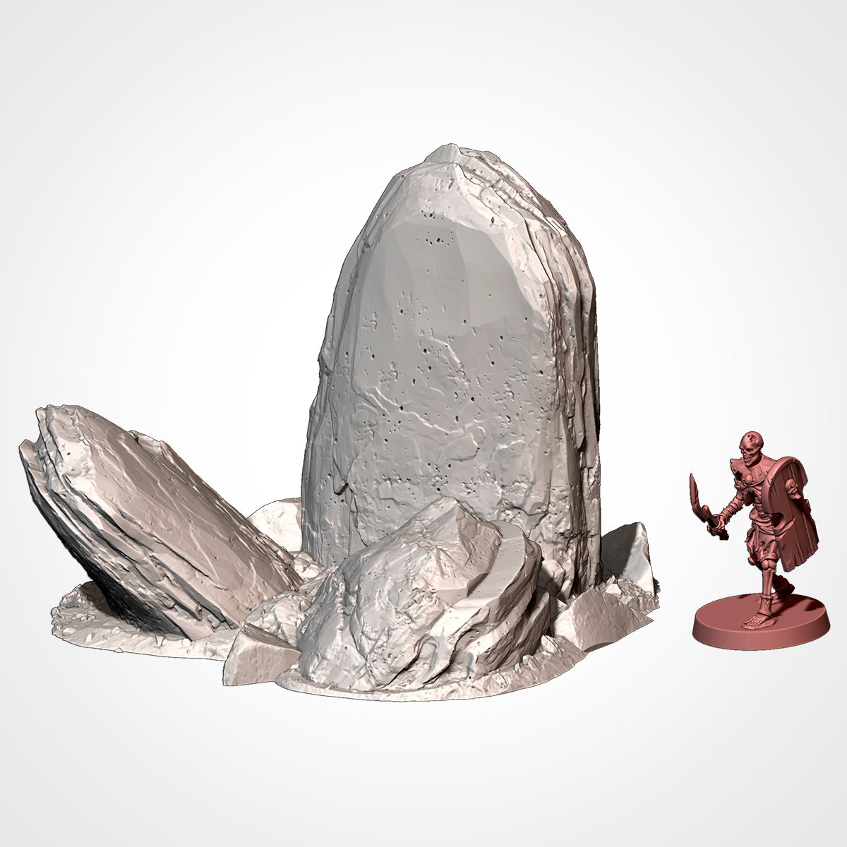 A 3D rendering of a large rock formation and a small figurine of a warrior standing next to it.