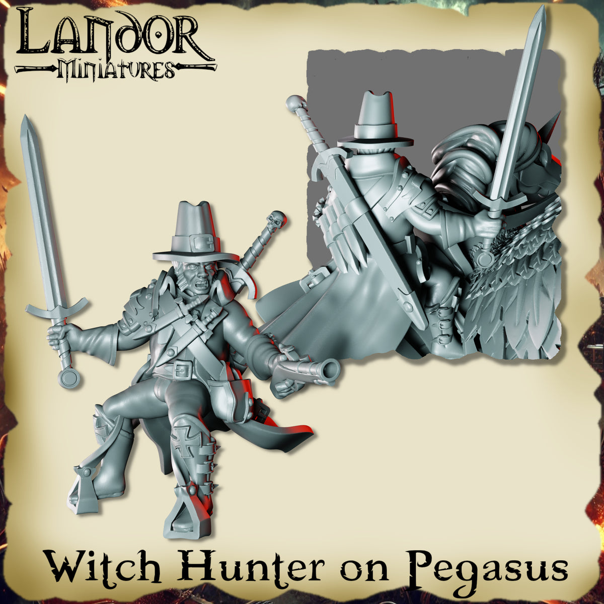 Witch Hunter on Pegasus – Landor Miniatures 3D Printed Miniature (32mm) - image 2