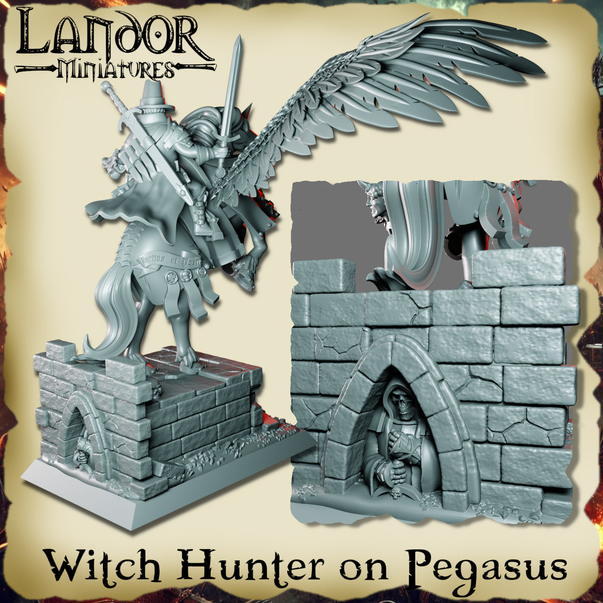Witch Hunter on Pegasus – Landor Miniatures 3D Printed Miniature (32mm) - image 3