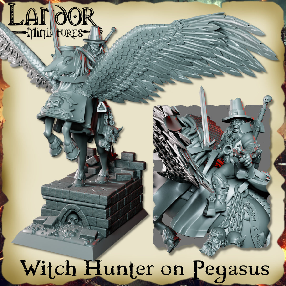 Witch Hunter on Pegasus – Landor Miniatures 3D Printed Miniature (32mm) - image 1
