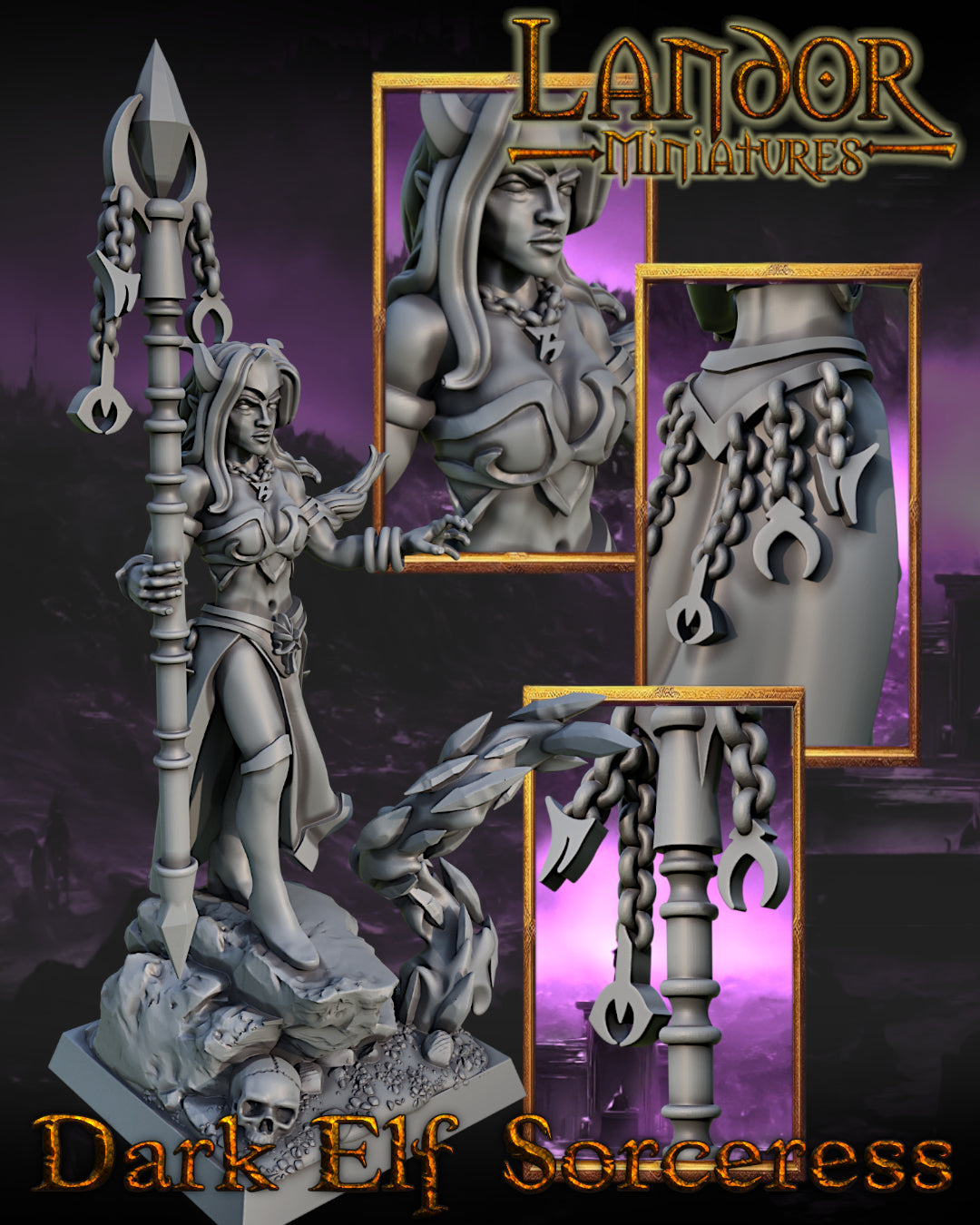 Dark Elf Sorceress – Landor Miniatures 3D Printed Miniature (32mm) - image 3
