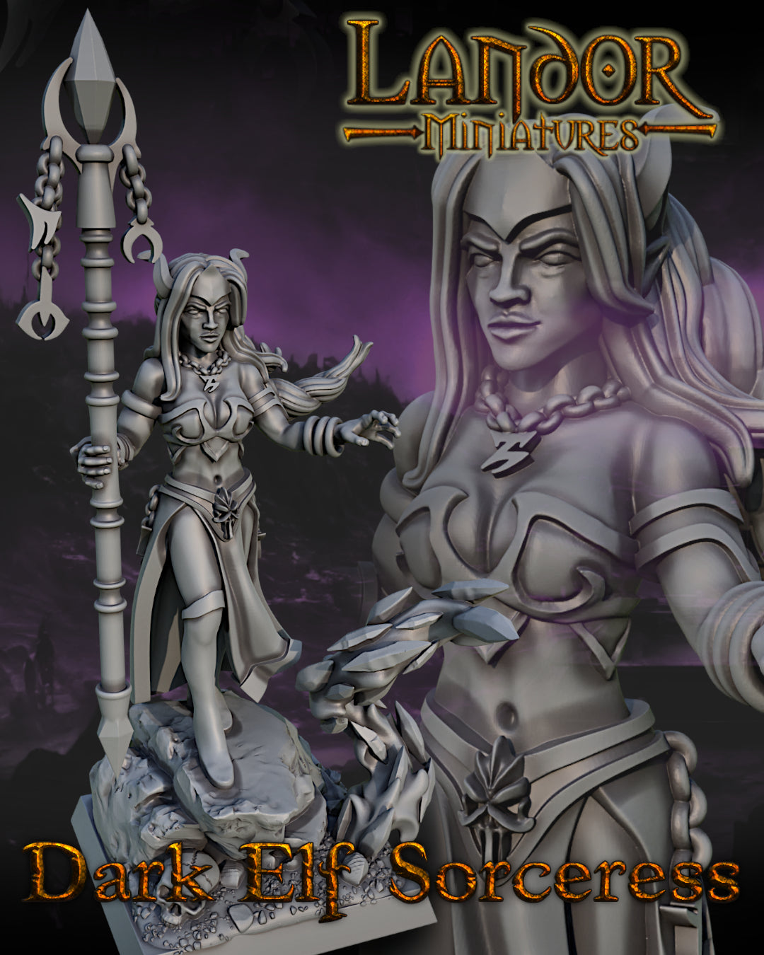 Dark Elf Sorceress – Landor Miniatures 3D Printed Miniature (32mm) - image 1