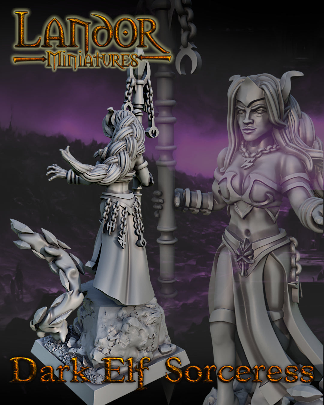 Dark Elf Sorceress – Landor Miniatures 3D Printed Miniature (32mm) - image 2