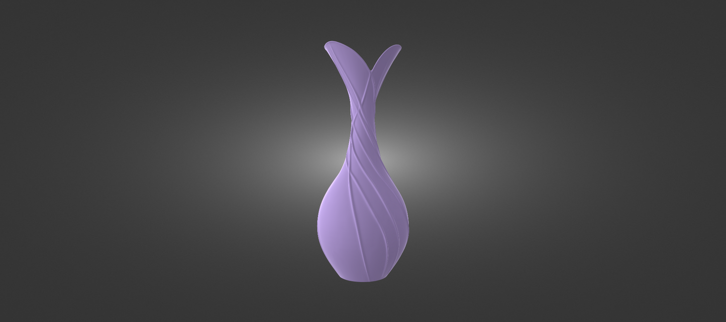 A purple, abstract vase-like object with a unique, organic shape stands out against a dark background.