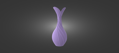 A purple, abstract vase-like object with a unique, organic shape stands out against a dark background.