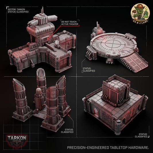 The image is a collage of four different 3D models of precision-engineered tabletop hardware, including a large tower, a circular platform, a cylindrical structure, and a square platform. The models are labeled with status information such as "STATUS: CLASSIFIED" and "PREISION-ENGINEERED TABLETOP HARDWARE."