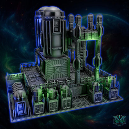 A 3D rendering of a futuristic, metallic structure with various panels and components, set against a dark, cosmic background with swirling patterns.