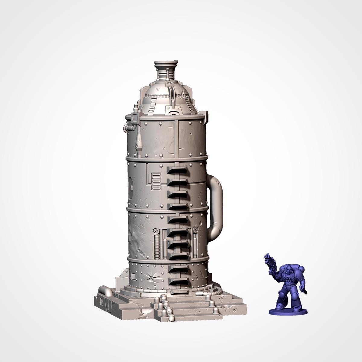 A 3D rendering of a metallic tower with a cylindrical shape and a pointed top, accompanied by a small figurine of a person in the foreground.