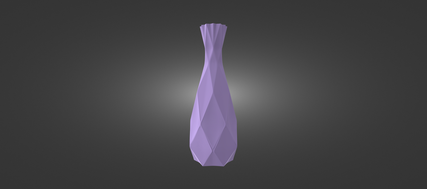 A 3D rendering of a purple, diamond-shaped vase against a dark background.