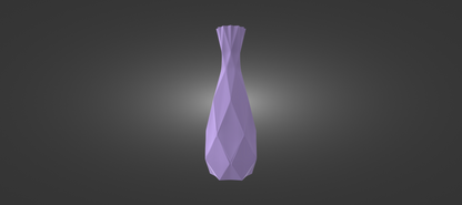 A 3D rendering of a purple, diamond-shaped vase against a dark background.