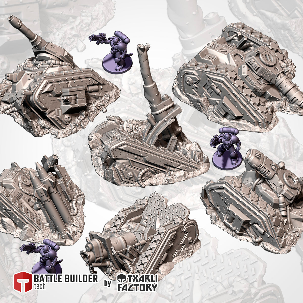 various metallic structures and figures, likely representing a battle or military scenario.