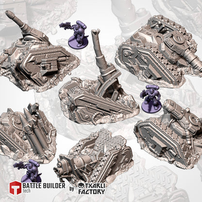 various metallic structures and figures, likely representing a battle or military scenario.