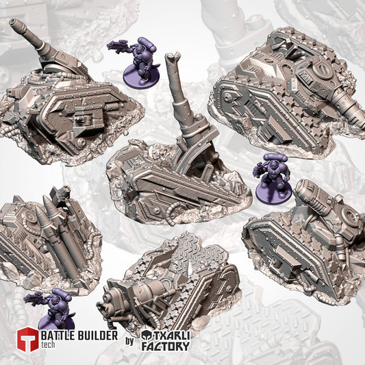 various metallic structures and figures, likely representing a battle or military scenario.