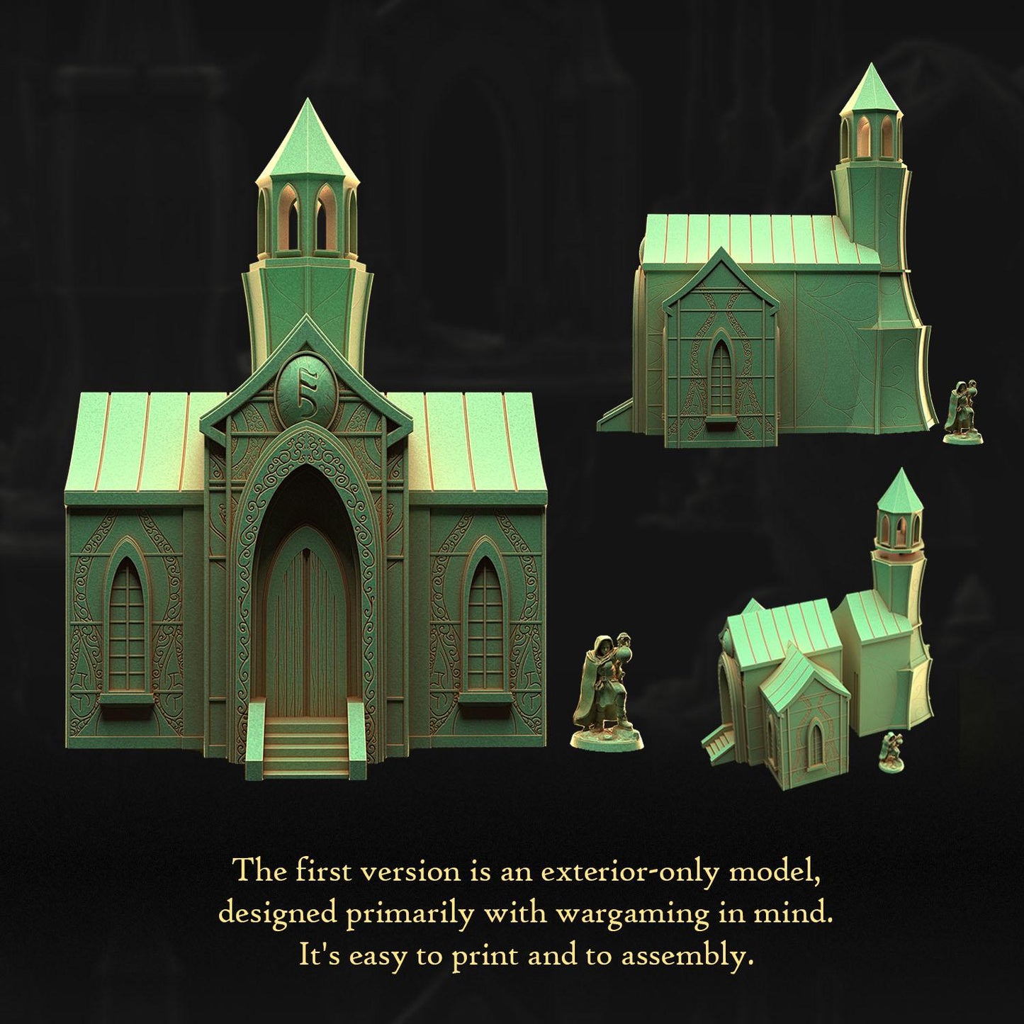 a 3D rendering of a church with a tower, designed primarily with wargaming in mind. The first version is an exterior-only model, and it is described as an exterior-only model, designed primarily with wargaming in mind. It is easy to print and to assemble.