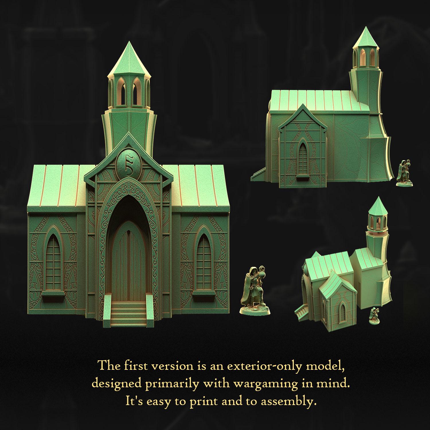 a 3D rendering of a church with a tower, designed primarily with wargaming in mind. The first version is an exterior-only model, and it is described as an exterior-only model, designed primarily with wargaming in mind. It is easy to print and to assemble.