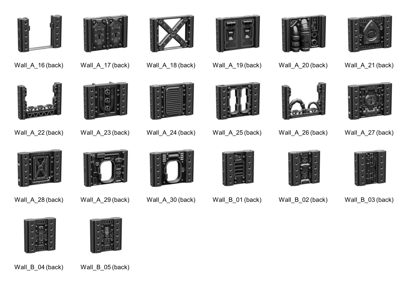 a collection of 16 different black metal structures, each with varying shapes and sizes, arranged in a grid-like pattern.