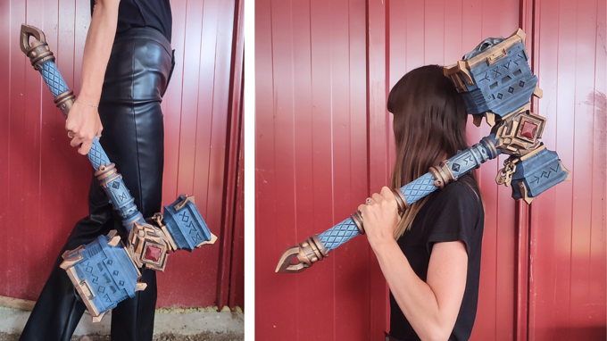 The image is a collage of two photos showing a person holding a large, ornate sword-like weapon with intricate designs. The person is wearing a black shirt and appears to be posing with the weapon.