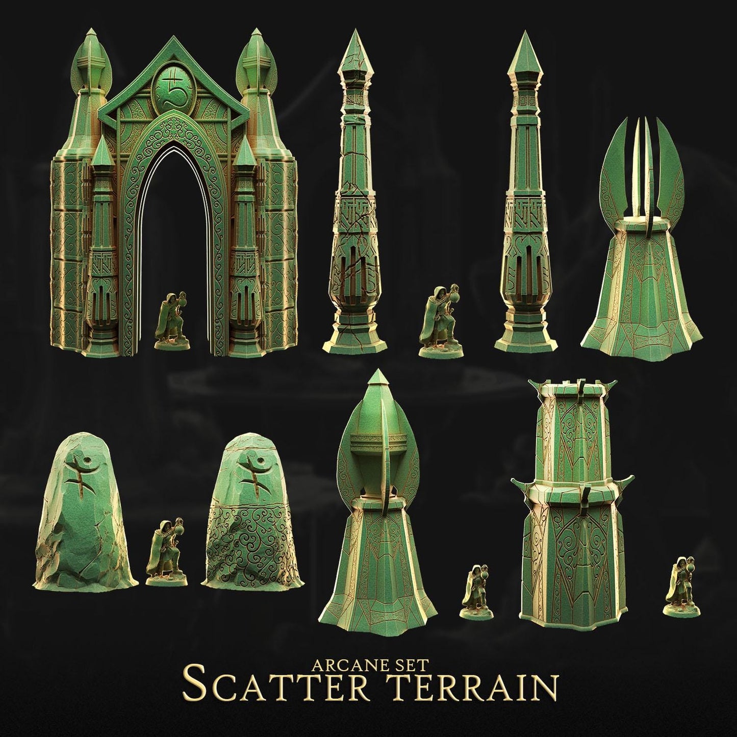 a collection of green, ornate, and intricate fantasy-themed objects, including towers, statues, and other architectural elements, arranged against a dark background. The objects appear to be part of a larger set called the "Scatter Terrain" from the video game "ARCANE SET".