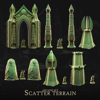 a collection of green, ornate, and intricate fantasy-themed objects, including towers, statues, and other architectural elements, arranged against a dark background. The objects appear to be part of a larger set called the "Scatter Terrain" from the video game "ARCANE SET".