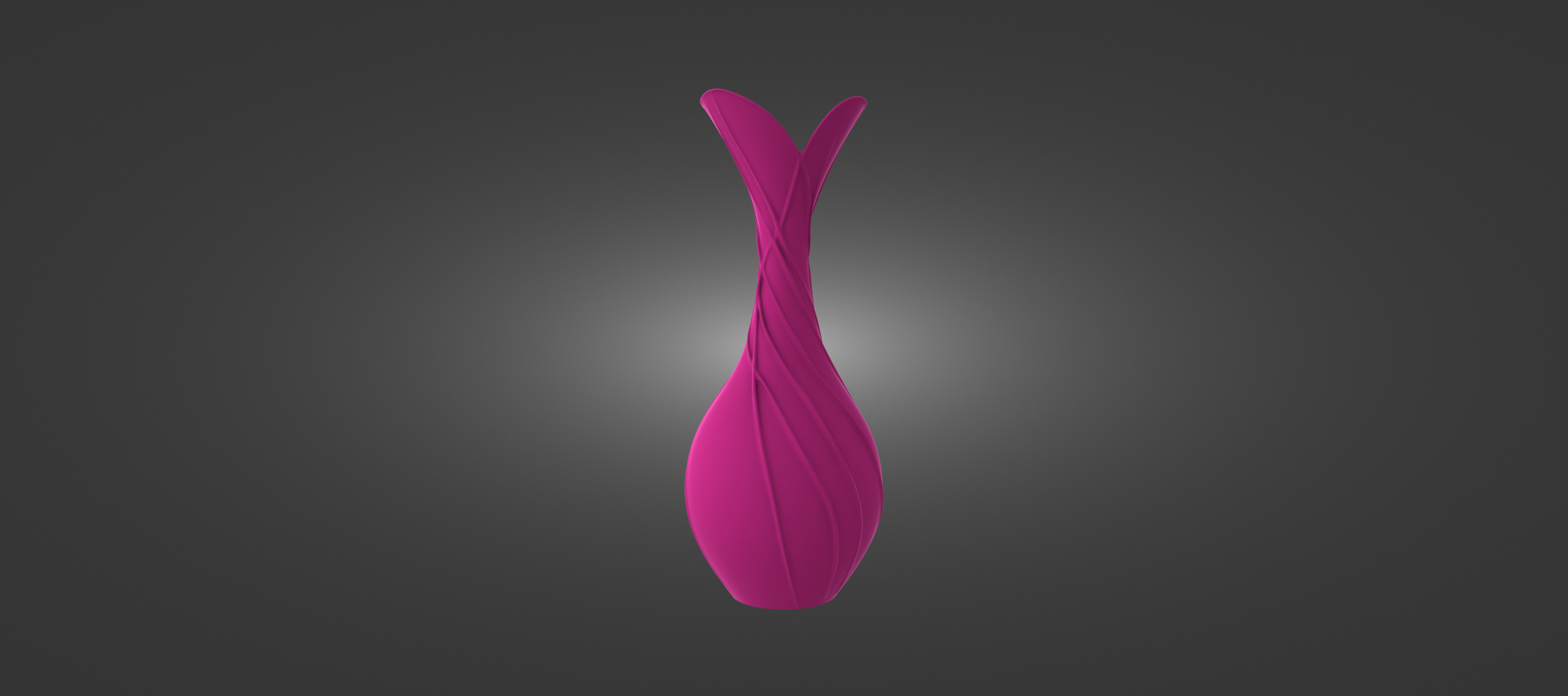 A pink vase with a unique, curved shape stands out against a dark background.