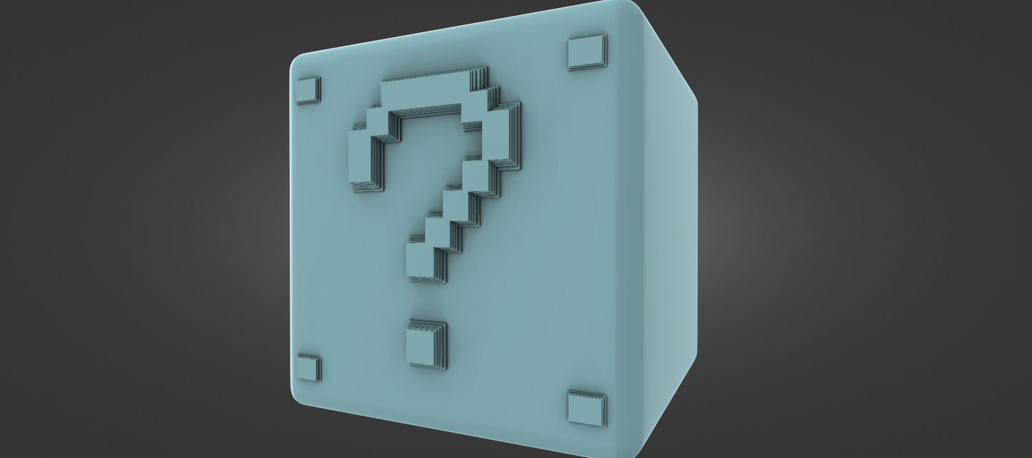 A 3D rendering of a blue cube-shaped object with a question mark symbol on it.