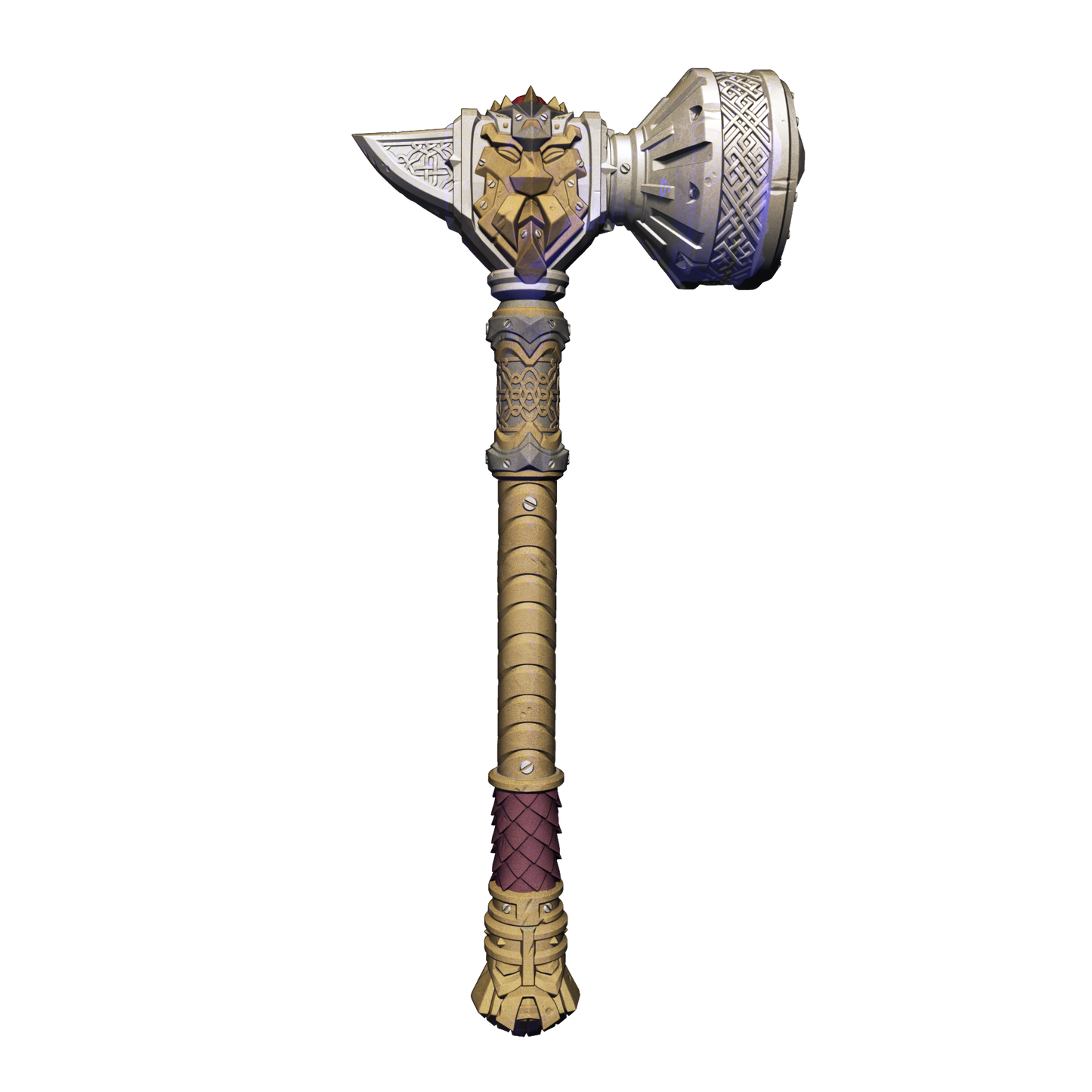 A detailed 3D rendering of a large, ornate hammer with a pointed head and a curved handle.