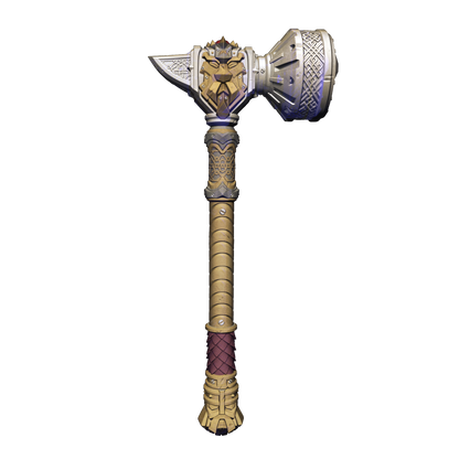 A detailed 3D rendering of a large, ornate hammer with a pointed head and a curved handle.