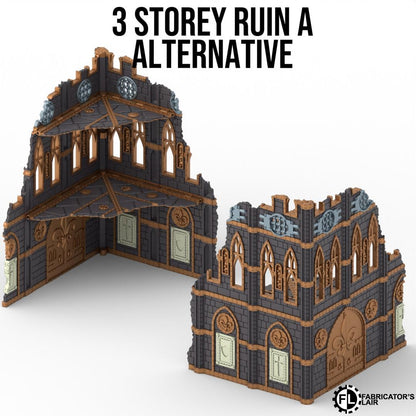 a 3-storey ruin, which is an alternative to a traditional castle. The ruins are made of dark-colored bricks and have a unique architectural design.