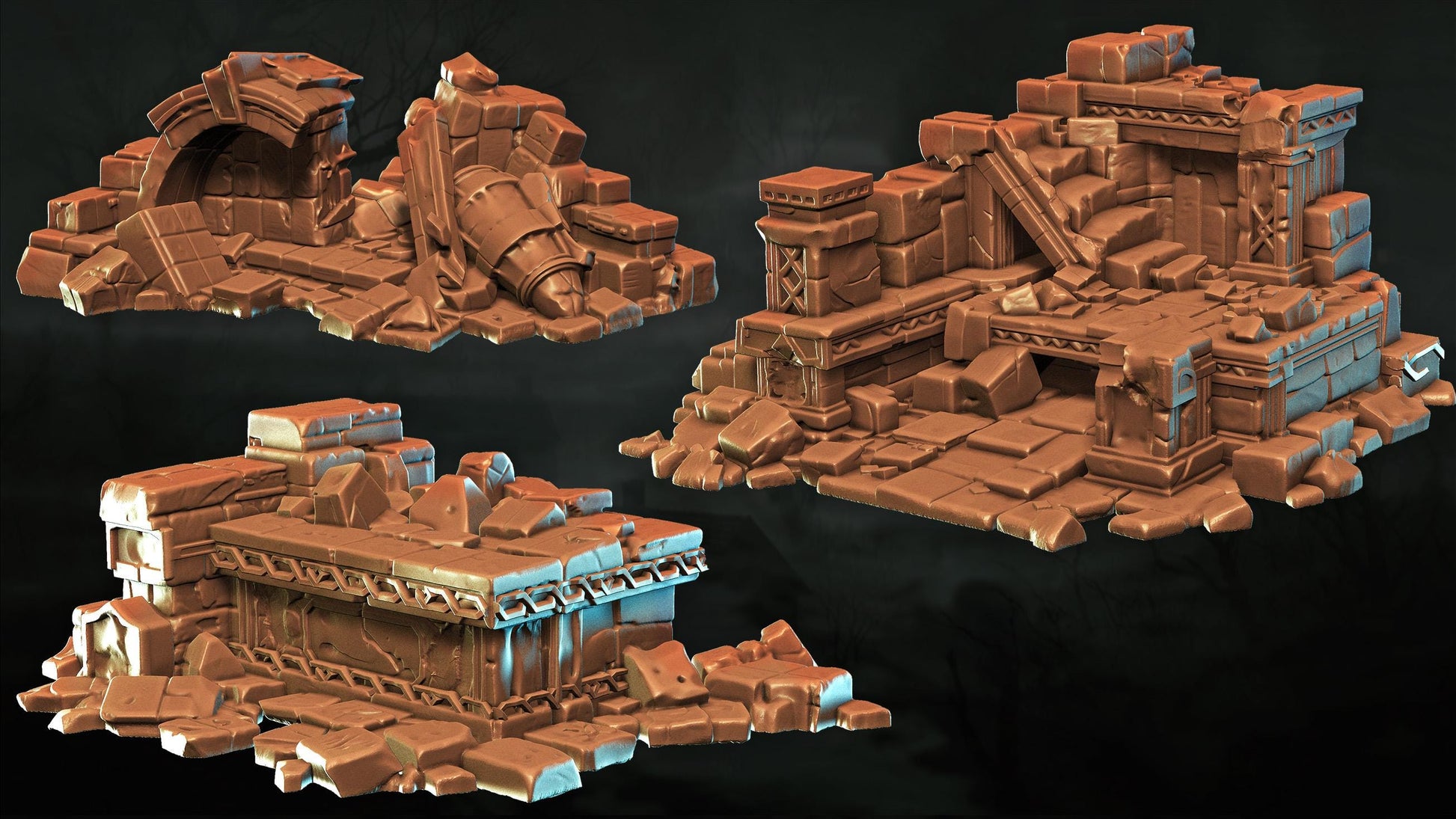 three different 3D models of rubble or ruins, each with varying shapes and sizes, set against a dark background.