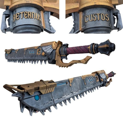 a close-up view of a futuristic-looking sword with a pointed blade and a curved handle. The sword appears to be made of metal and has a distinctive design with various metallic elements and decorations.