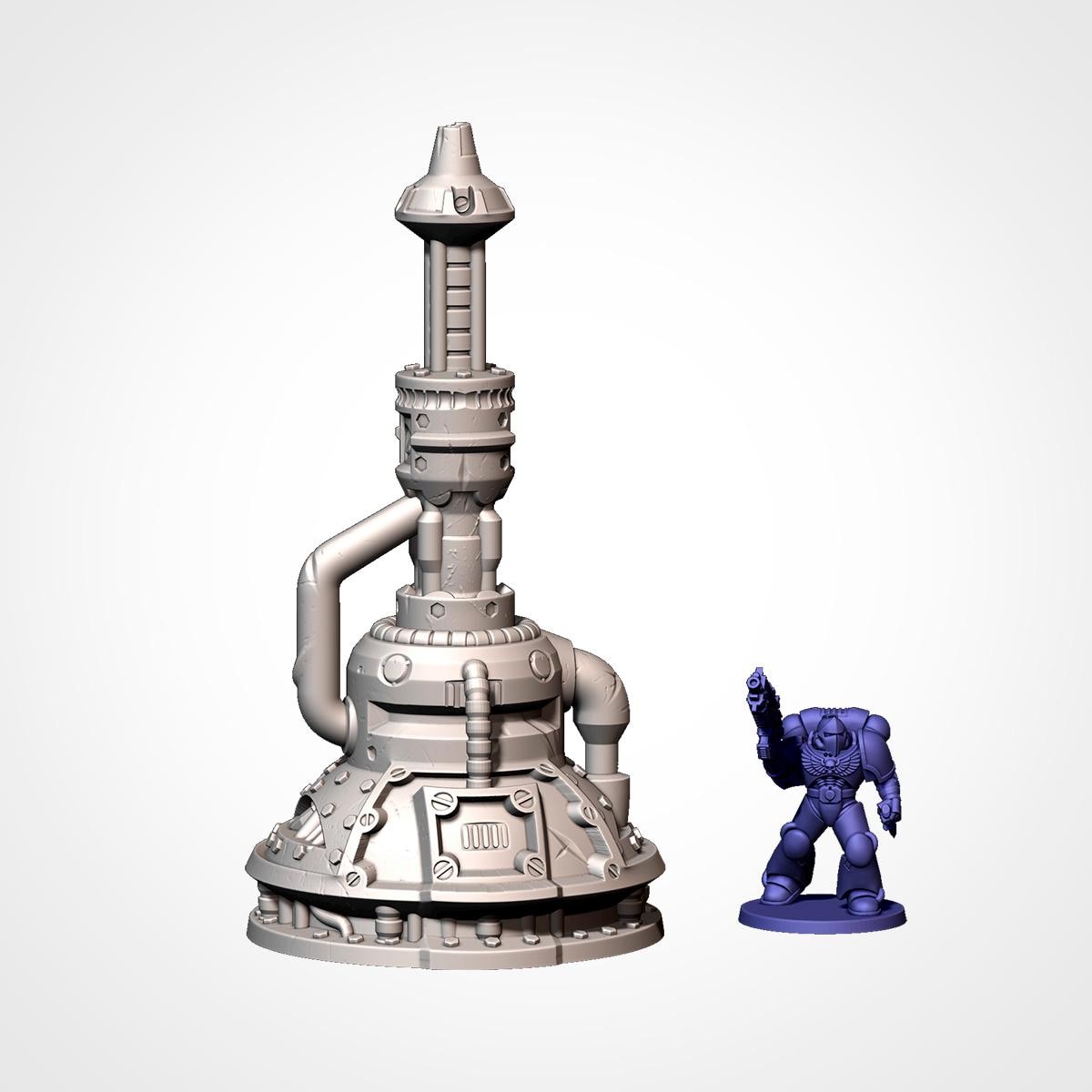 A 3D rendering of a large, metallic structure with various pipes and components, and a smaller, blue-colored figurine of a person standing next to it.