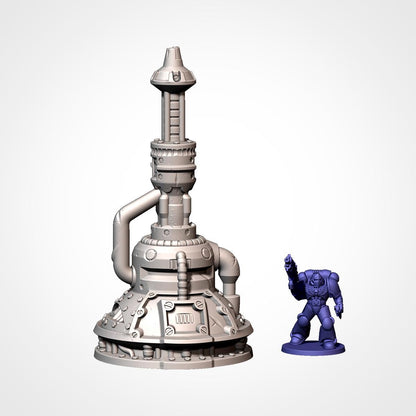 A 3D rendering of a large, metallic structure with various pipes and components, and a smaller, blue-colored figurine of a person standing next to it.