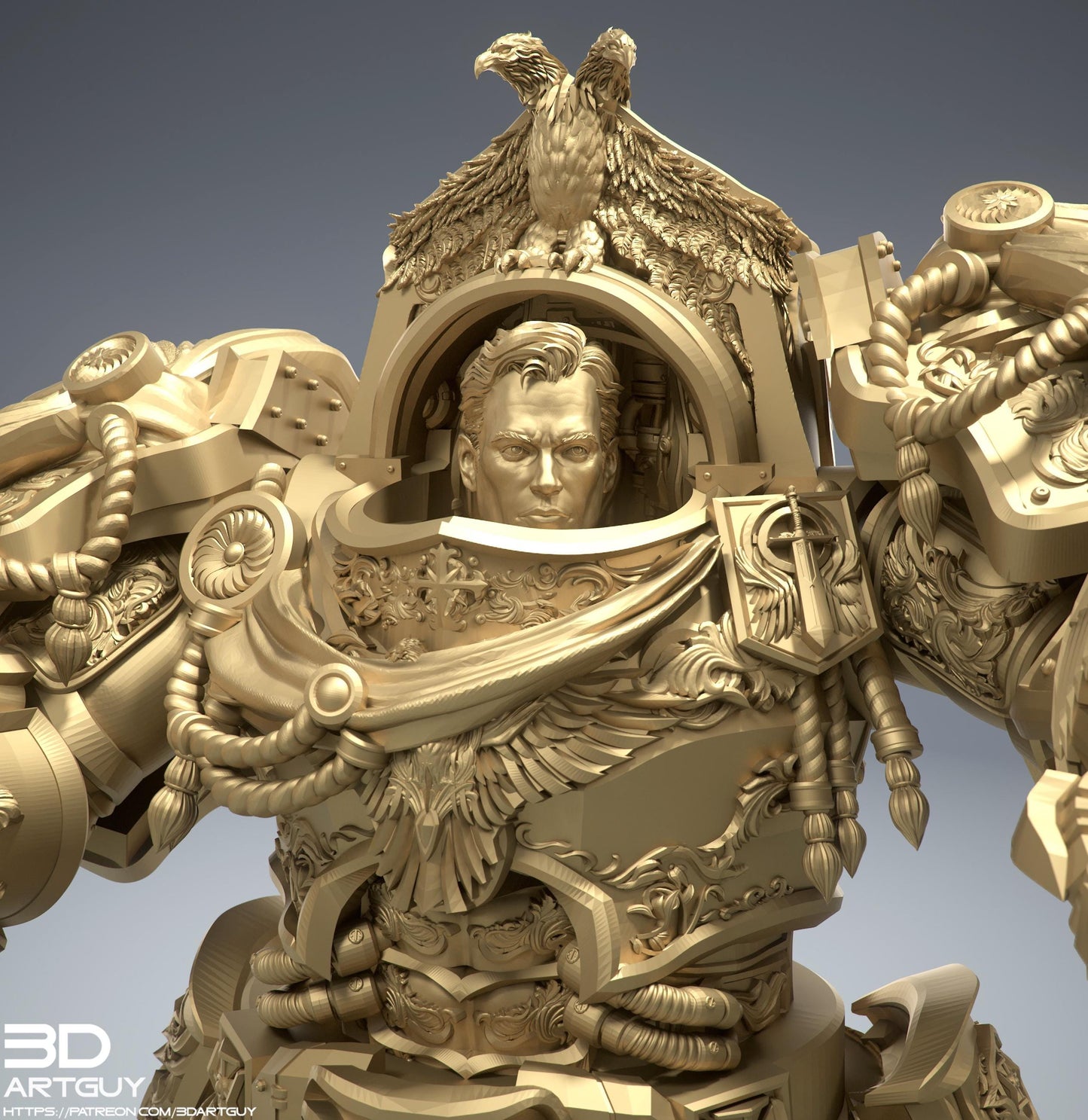 A highly detailed and intricate 3D model of a golden statue or sculpture, featuring a prominent figure with an eagle perched on top. The statue is adorned with ornate, intricate designs and patterns, showcasing the artist's skill and attention to detail.