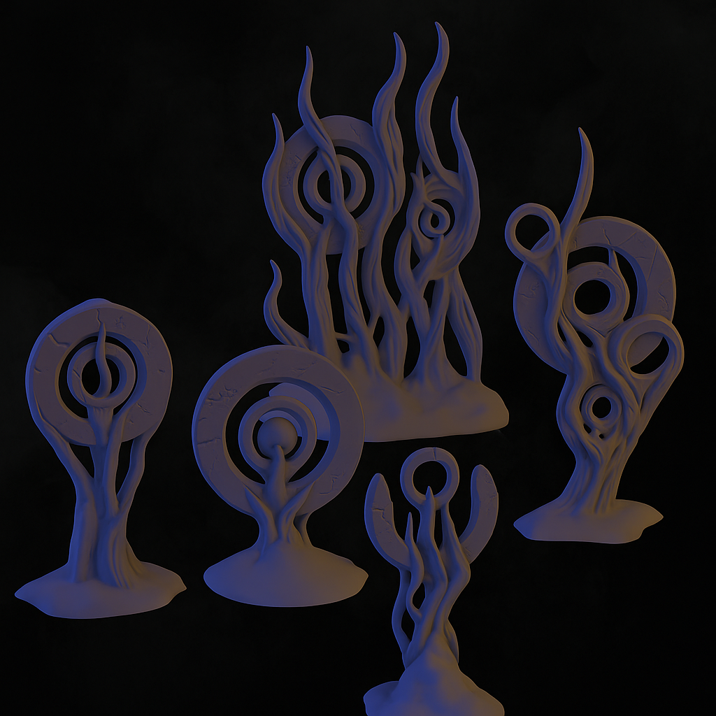 a group of white sculptures sitting on top of a table