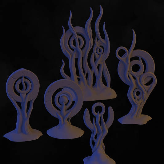 a group of white sculptures sitting on top of a table