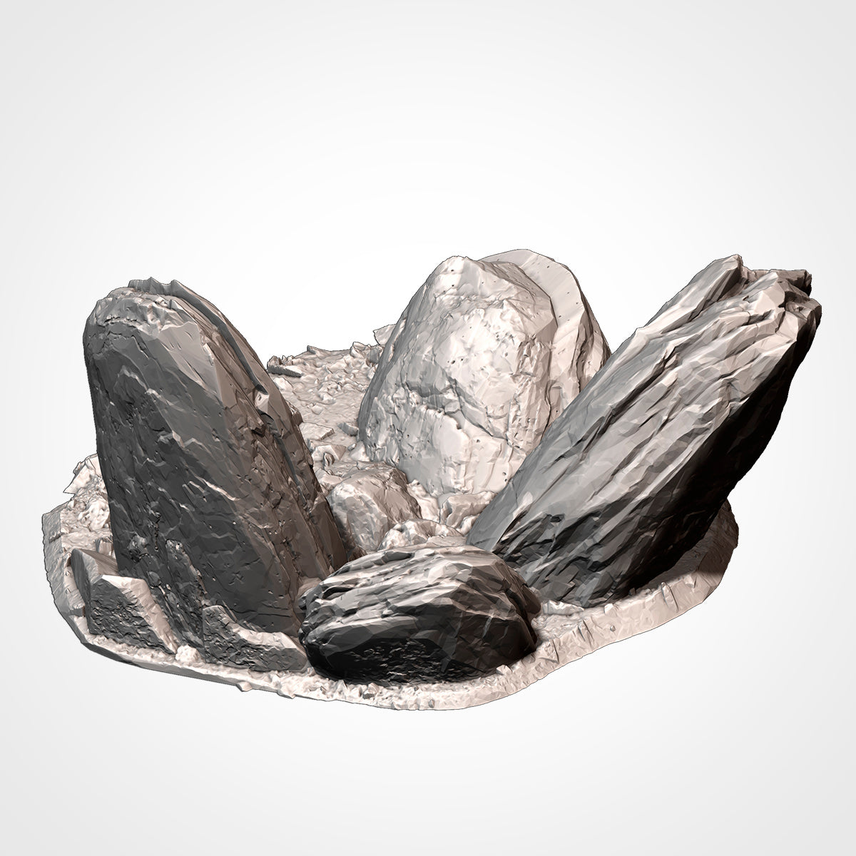 A 3D rendering of a rocky landscape with several large, jagged rocks and boulders.