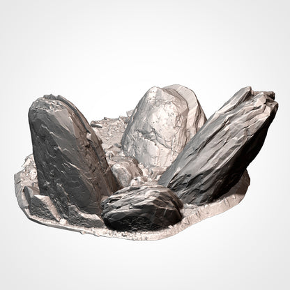 A 3D rendering of a rocky landscape with several large, jagged rocks and boulders.