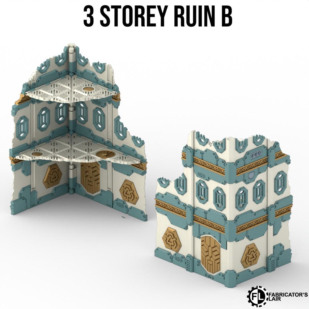 a 3-storey ruin B, a 3D-rendered architectural structure, with intricate details and a unique design.