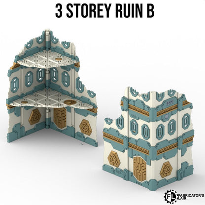 a 3-storey ruin B, a 3D-rendered architectural structure, with intricate details and a unique design.