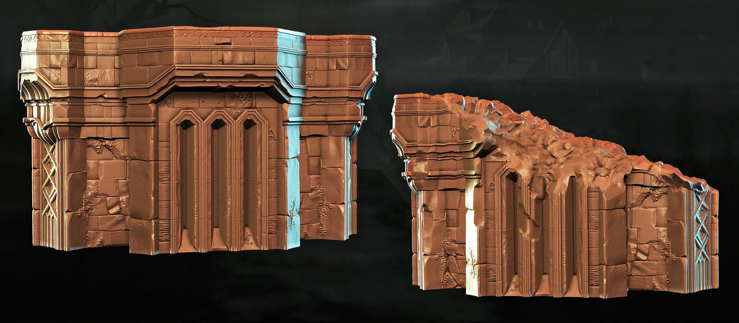 two 3D models of architectural structures, including a large, ornate archway and a smaller, crumbling structure.