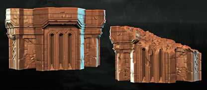 two 3D models of architectural structures, including a large, ornate archway and a smaller, crumbling structure.
