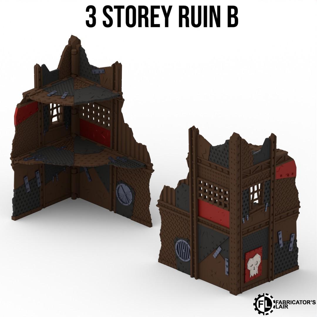 two 3-storey ruins, one on the left and one on the right, both with a dark brown color scheme and various architectural elements such as windows, doors, and walls.
