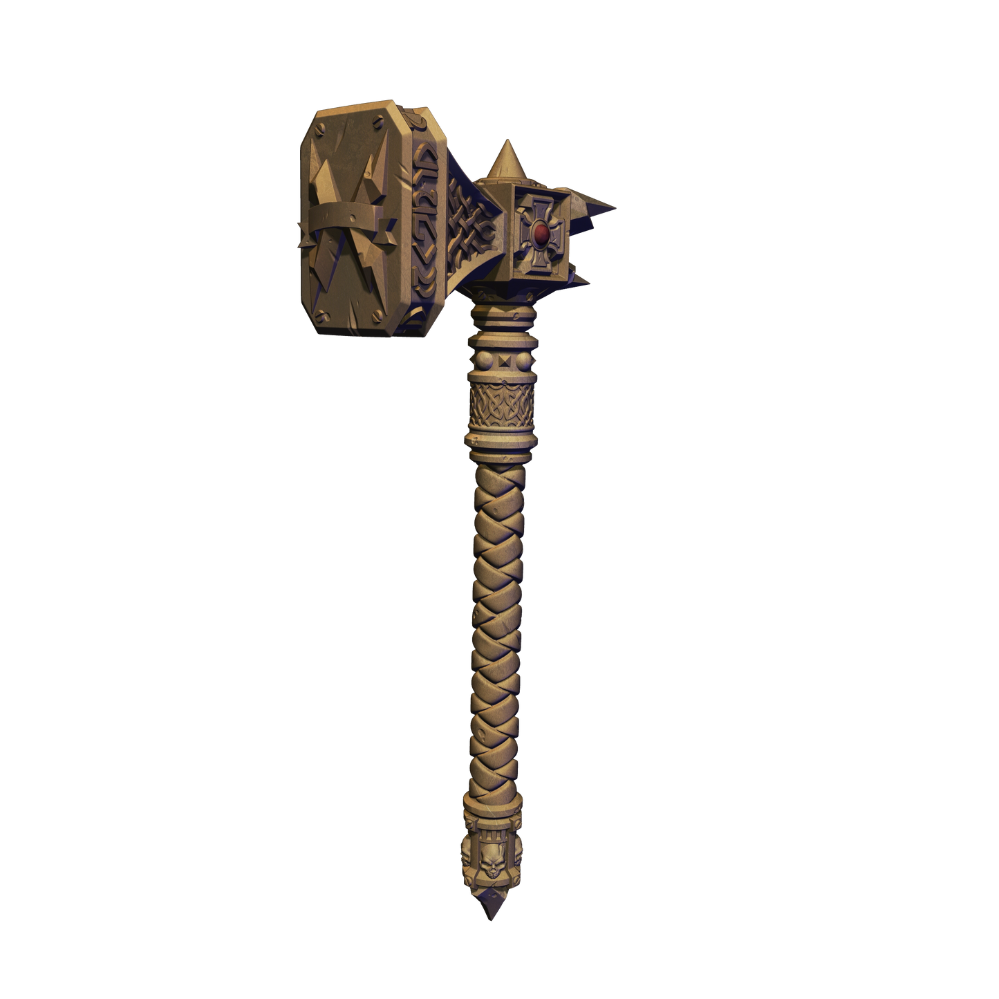 A 3D rendering of a large, ornate hammer with intricate designs and patterns.