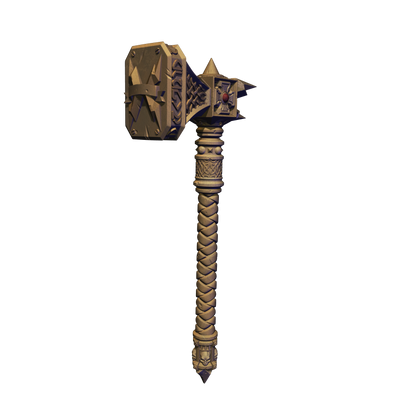 A 3D rendering of a large, ornate hammer with intricate designs and patterns.
