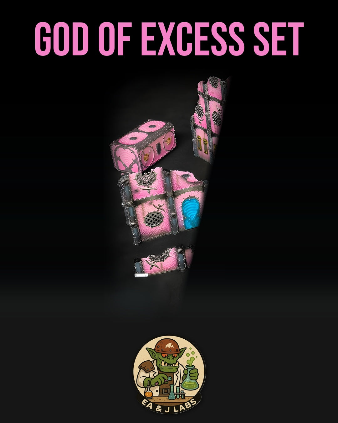 The image is a promotional poster for a "God of Excess Set" featuring a collection of colorful, abstract objects against a dark background.