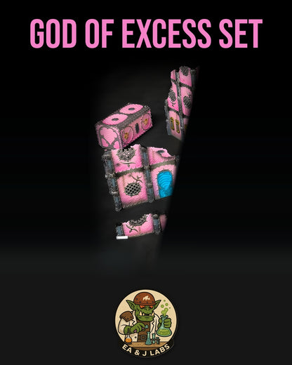 The image is a promotional poster for a "God of Excess Set" featuring a collection of colorful, abstract objects against a dark background.